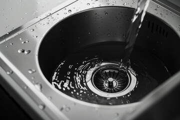 A close-up shot of a kitchen sink with water flowing down the drain, suitable for use in scenes related to cleaning or household activities