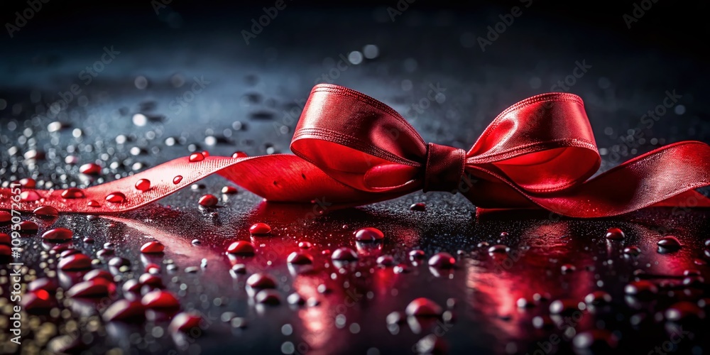 Poster red ribbon on wet dark surface symbolizing emotion and reflection with water droplets creating a moo