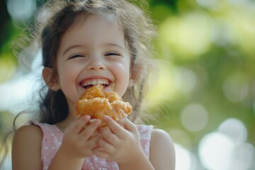 A young girl enjoys a sweet treat outdoors