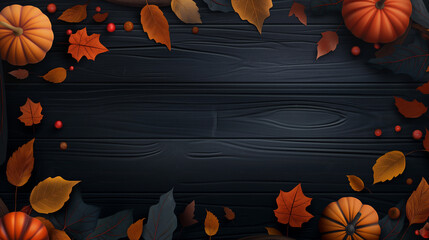 Autumn frame with cute colorful leaves and pumpkins. Thanksgiving and Harvest day trendy black wooden background