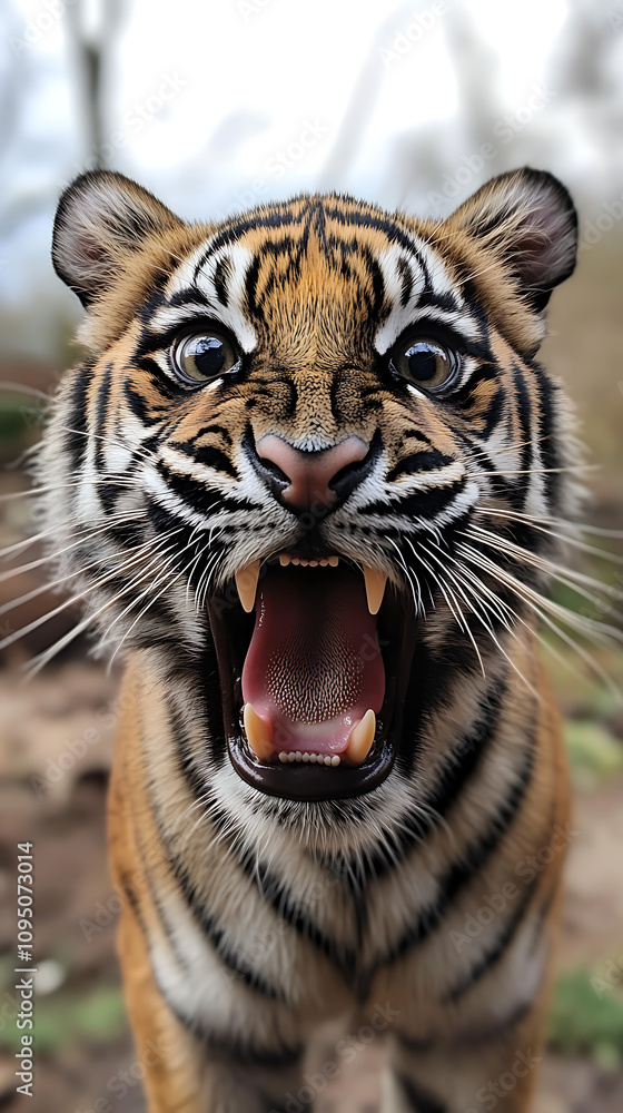 Poster a close-up of a roaring tiger displaying its fierce expression and sharp teeth.