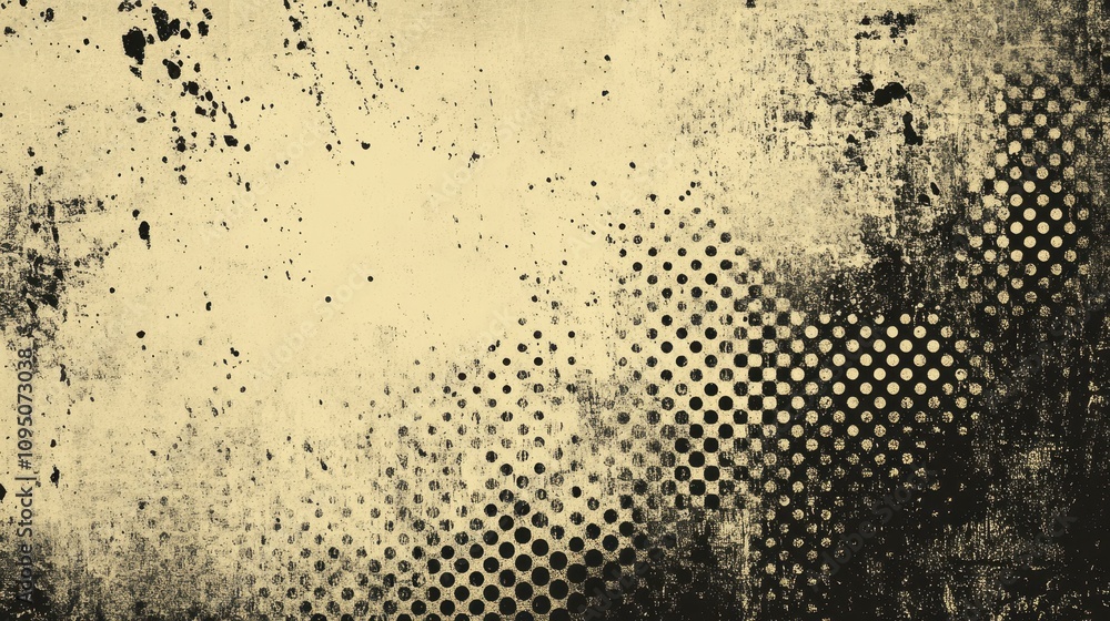 Poster a textured background featuring a gradient of dots and grunge patterns in black and beige.