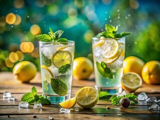 Fototapeta premium Refreshing Glasses of Iced Lemon and Mint Beverages with Water Droplets, Perfect for Summer Days, Showcasing Vibrant Colors and Inviting Atmosphere in a Candid Photography Style
