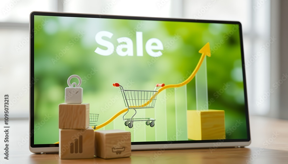 Poster wooden cubes with shopping cart icons and trend graph symbolizing increased sales in e-commerce stra