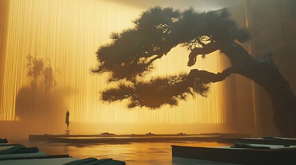 A Silhouette of a Tree Against a Wall of Golden Stripes