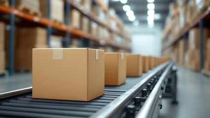 Cardboard boxes on a conveyor belt, packed goods, packages ready to be delivered in a retail product distribution and fulfillment center, background with cartons on shelves, e-commerce shipping ready