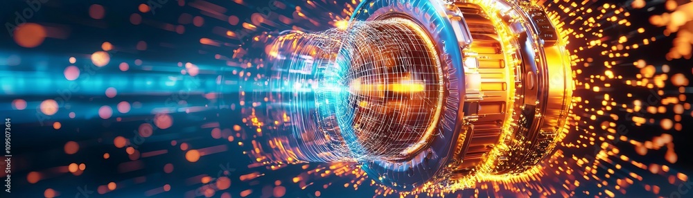 Poster futuristic energy effect with glowing particles and dynamic light beams in motion.