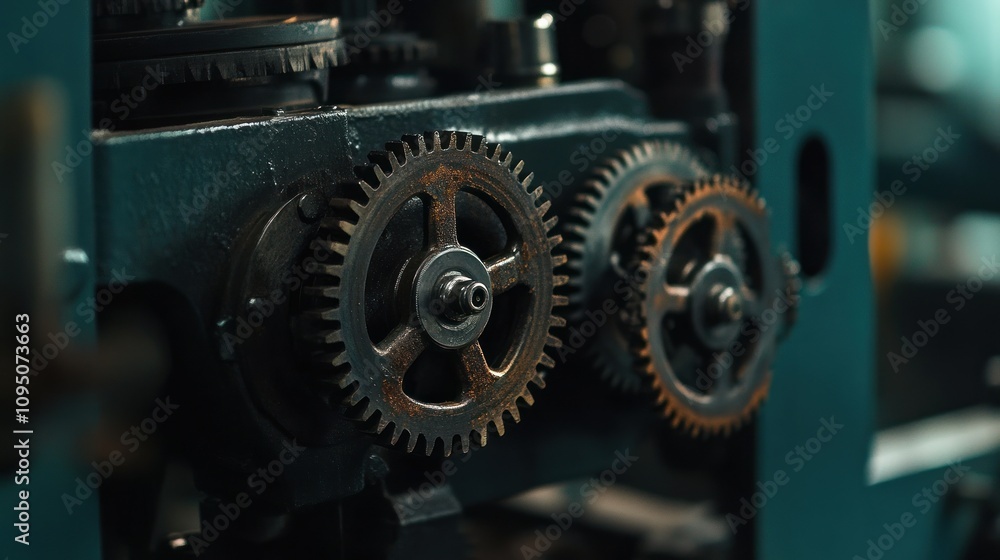 Poster Close-up of two rusty metal gears meshing together on a machine