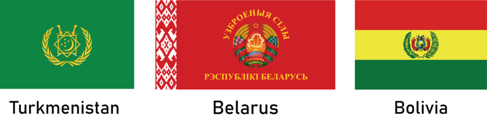 Army flags in the Turkmenistan, Belarus and Bolivia vector illustration.