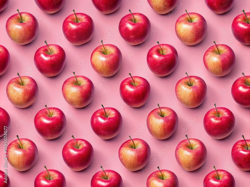 Poster retro style pattern featuring pink and red apples on a soft pastel pink background for vibrant and w