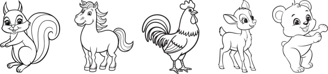 Cartoon animal black vector artwork with a squirrel, horse, rooster, deer, and bear.