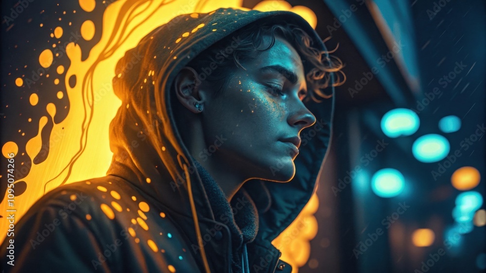 Poster Fluid Blobs The subjects face gleams surrounded by amorphous neon blobs in a mixture of warm yellows and cool blues. The blobs flow effortlessly bringing an organic feel to the
