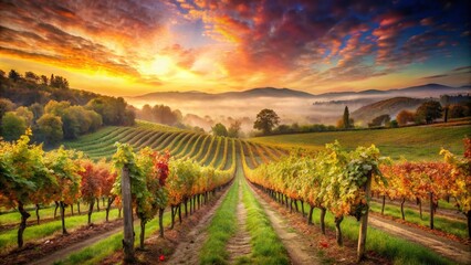 Naklejka premium Rolling Vineyards in Warm Watercolors: A Serene Landscape of Grape Vines Stretching into the Distance Captured in Low Light Photography for Artistic Imagery