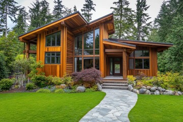 Naklejka premium Modern wooden house surrounded by lush greenery and a stone pathway.