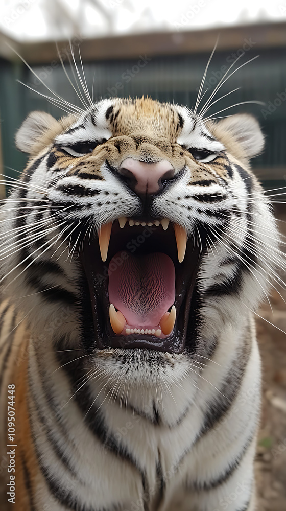 Poster a close-up of a roaring tiger showcasing its fierce expression and sharp teeth.