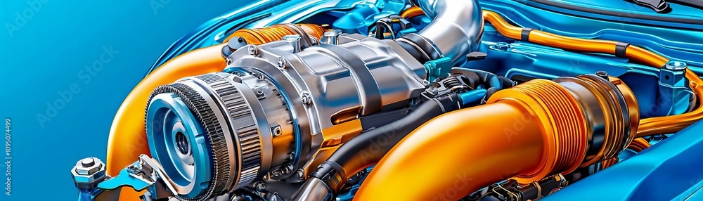 Poster close-up view of a high-performance engine component with vibrant colors and details.