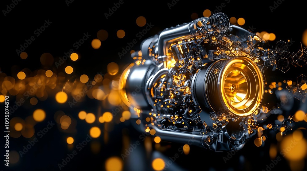 Poster a close-up of a futuristic engine surrounded by glowing particles and dynamic light.