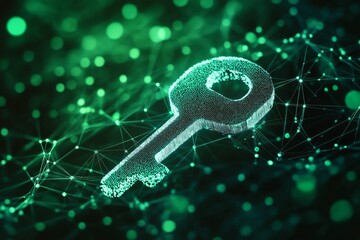 Glowing digital key on a green abstract network background. Concept of security, encryption, and data protection