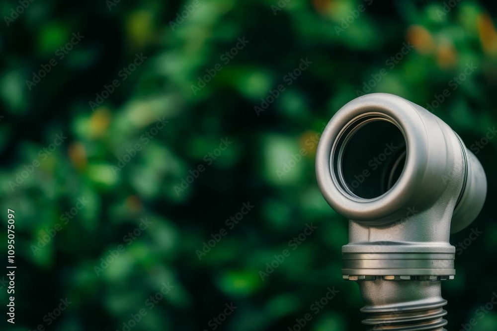 Poster close-up of a metallic pipe with foliage in the background, focusing on design and detail.