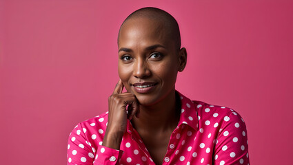 Smiling woman in a polka dot blouse against a pink background.