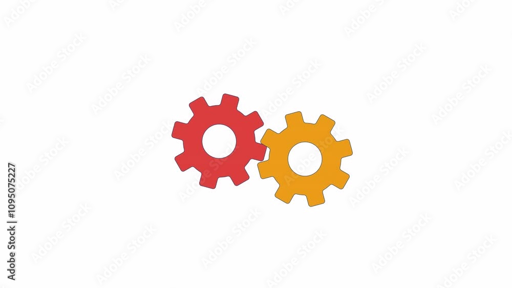 Poster connected cogwheels rotating 2d objects animation. machine moving details cartoon 4k video, alpha ch