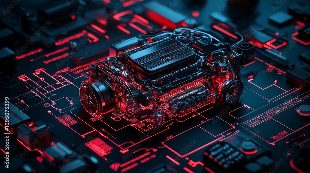 Poster high-tech engine model showcased with neon circuits on a dark background.