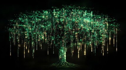 Digital tree with shimmering green lights in a dark environment