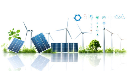 Fototapeta premium Sustainable energy design with solar panels and wind turbines