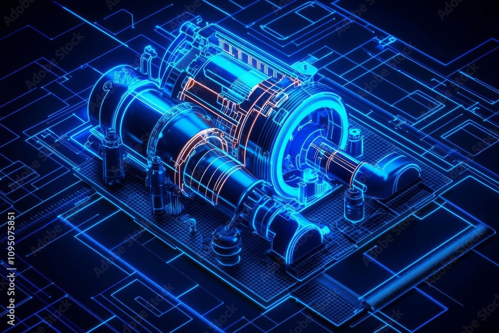 Poster futuristic blue electric motor design with circuit patterns and glowing elements.