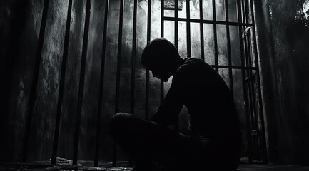 A silhouette of a man sitting in prison, in black and white