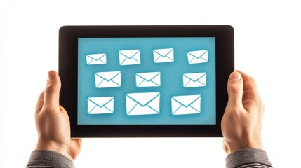 A person holding a tablet displaying email icons on a blue background.