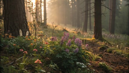 Obraz premium Patches of warm light spill into the underbrush revealing s of wildflowers nestled ast rich earthy tones.