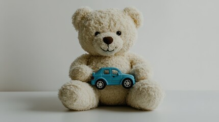 A plush teddy bear holding a small blue toy car, evoking a sense of childhood and playfulness.