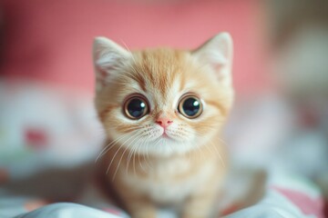 A small orange kitten sits on the edge of a bed, looking curious