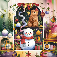 cute and whimsical christmas card with snowman, snake, bear and christmas decorations,