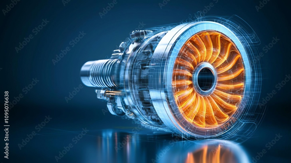 Poster high-tech turbine engine showcasing advanced engineering and design.