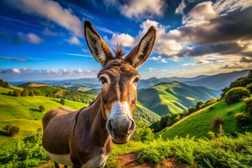 Scenic Landscape Featuring a Donkey Symbolizing Political Party Values in a Vibrant Natural Setting with Rolling Hills and Clear Blue Sky