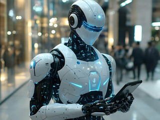 Fototapeta premium 3D Illustration Futuristic Robot Using Smartphone in Crowded Area