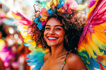Happy Brazilian woman parading at a carnival party