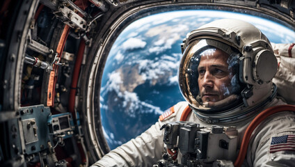 Fototapeta premium Astronaut Looking at Earth from Spaceship