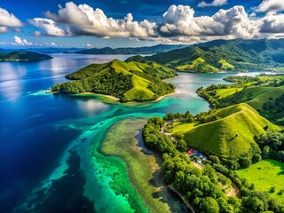 Fototapeta premium Scenic View of Ambon Island's Lush Greenery and Clear Waters with Copy Space for Travel and Tourism Promotion