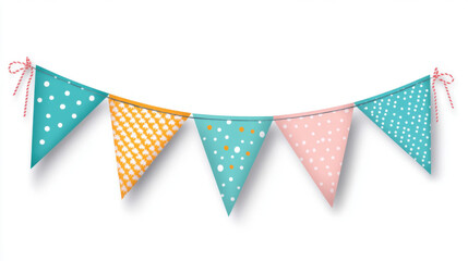 Brightly colored birthday bunting flags in triangular shapes, featuring polka dots and patterns, perfect for festive celebrations and decorations