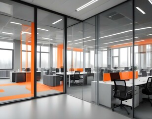 Beautiful blurred background of a modern office interior in gray tones with panoramic windows, glass partitions and orange color accents.