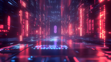 3D Illustration - Neon Fingerprint Data Center Corridor