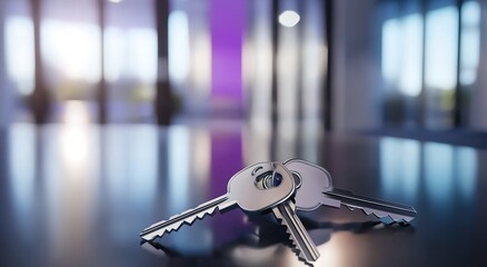 A set of keys on a table in an office with a blurred background