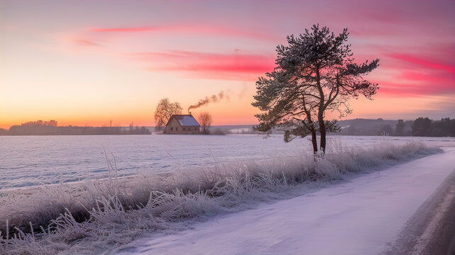 winter landscape, lots of snow during bright sunset, lonely tree, lonely house,