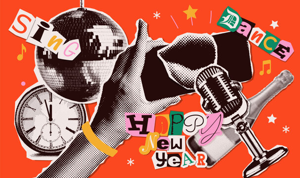 Happy new year 2025 halftone collage elements design set. With disco ball and hands holding phone, mike, champagne bottle. Vector design for poster, banner, greeting and new year 2025 celebration. - Powered by Adobe