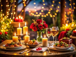 Fototapeta premium Sensual Food Photography of a Romantic Dinner Setting with Intimate Candlelight, Decadent Dishes, and Warm Atmosphere for Couples Seeking Passion and Connection