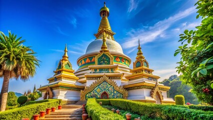 Naklejka premium Serene Architectural Photography of a Majestic Buddhist Stupa Surrounded by Lush Greenery, Capturing Spiritual Essence and Tranquility in a Harmonious Landscape