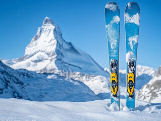 A ski set in the snow freezing mountains in the background with copy space for text clear weather in winter skiing time